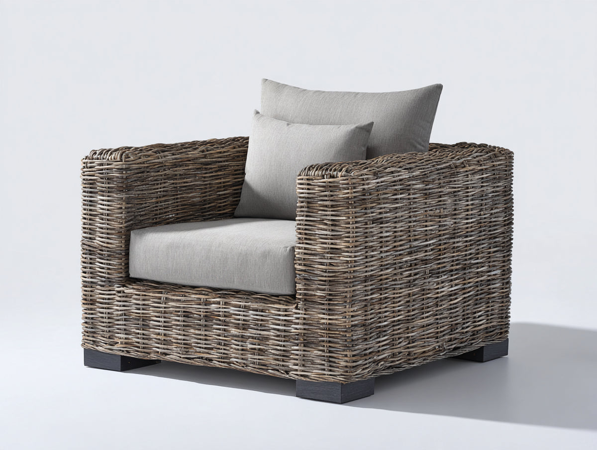 Poltrona da giardino-Rattan sintetico-Tessuto-88x84x74 cm-Marrone scuro-Grigio chiaro-Design moderno